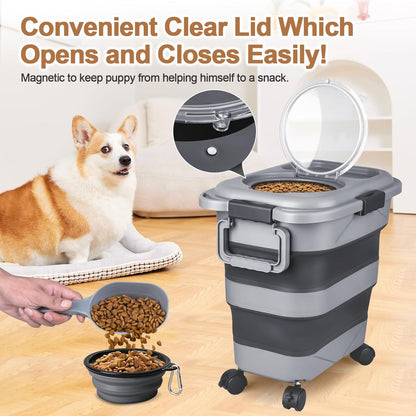 Dog Food Storage Container，10-25 lbs Airtight Collapsible Cat Food Storage Container with Attachable Wheels, Portable Handle, Dog Food Scoop for Dog Cat Bird Pet Dry Food Storage Bin Dark Grey