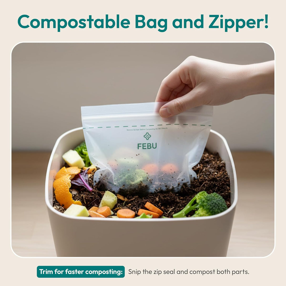 FEBU Compostable Food Storage Bags Variety Pack, 260 Count | Compostable & Biodegradable | PFAS & BPA Free | Drawer Organizer Box | 90 Snack, 90 Sandwich, 50 Quart, 30 Gallon