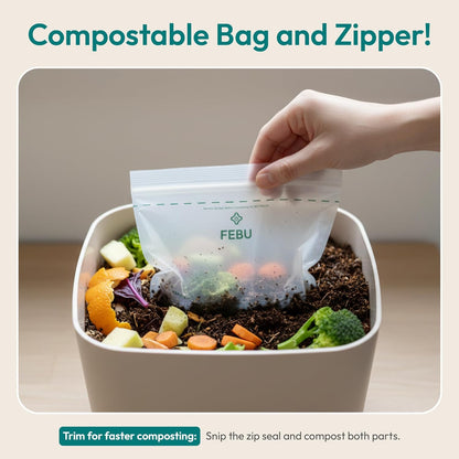 FEBU Compostable Food Storage Bags Variety Pack, 260 Count | Compostable & Biodegradable | PFAS & BPA Free | Drawer Organizer Box | 90 Snack, 90 Sandwich, 50 Quart, 30 Gallon