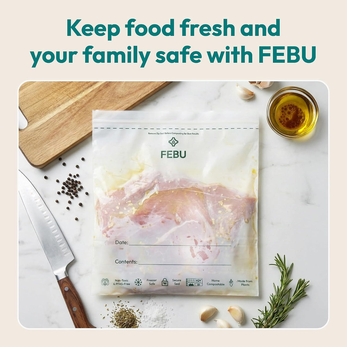 FEBU Compostable Food Storage Bags Variety Pack, 260 Count | Compostable & Biodegradable | PFAS & BPA Free | Drawer Organizer Box | 90 Snack, 90 Sandwich, 50 Quart, 30 Gallon
