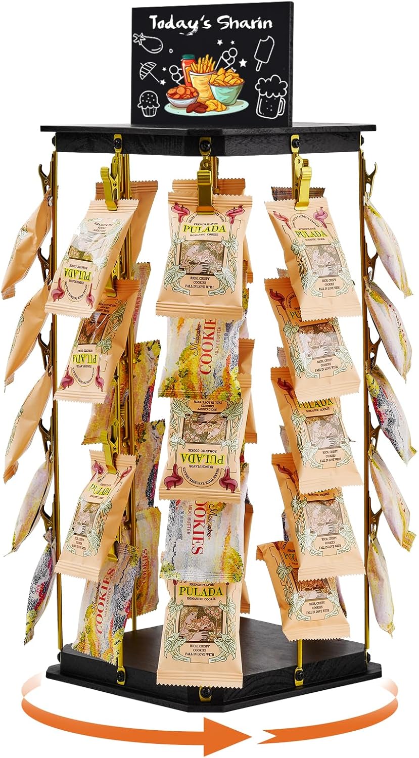 Pinzoveco Chip Rack Display Stand, 5 Tiers 40 Clips Snack Organizer for Office Desk, 360° Rotating Wooden Base Chip Holder Candy Display for Concession Stand, Countertop, Party, With Message Board