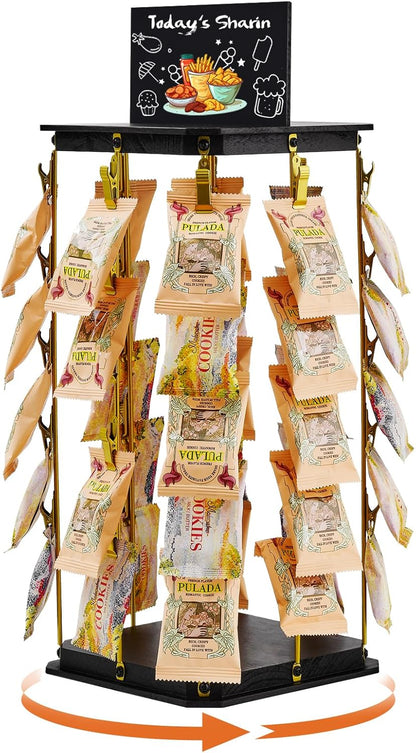 Pinzoveco Chip Rack Display Stand, 5 Tiers 40 Clips Snack Organizer for Office Desk, 360° Rotating Wooden Base Chip Holder Candy Display for Concession Stand, Countertop, Party, With Message Board