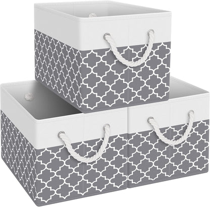 Fab totes Storage Bins, Foldable Storage Baskets for Organizing Toys, Books, Shelves, Closet, Large Storage Box with Rope Handles, Sturdy Organizer Bins, White & Grey