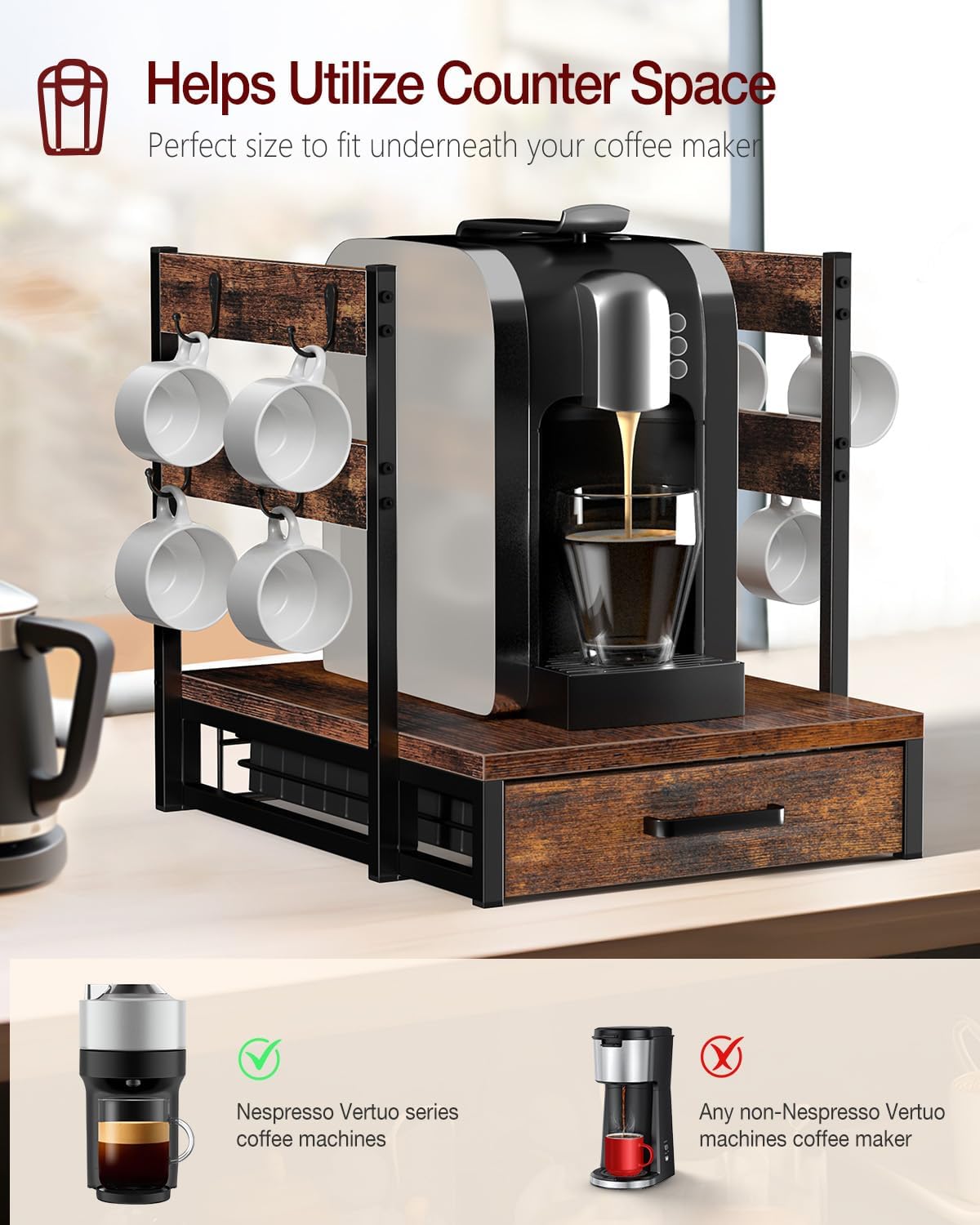 Evermagin K Cup Holder, 35 Pod Capacity, Coffee Pod Holder Compatible with Keurig, Coffee Station Organizer for Countertop with Cup Rack, Rustic Brown