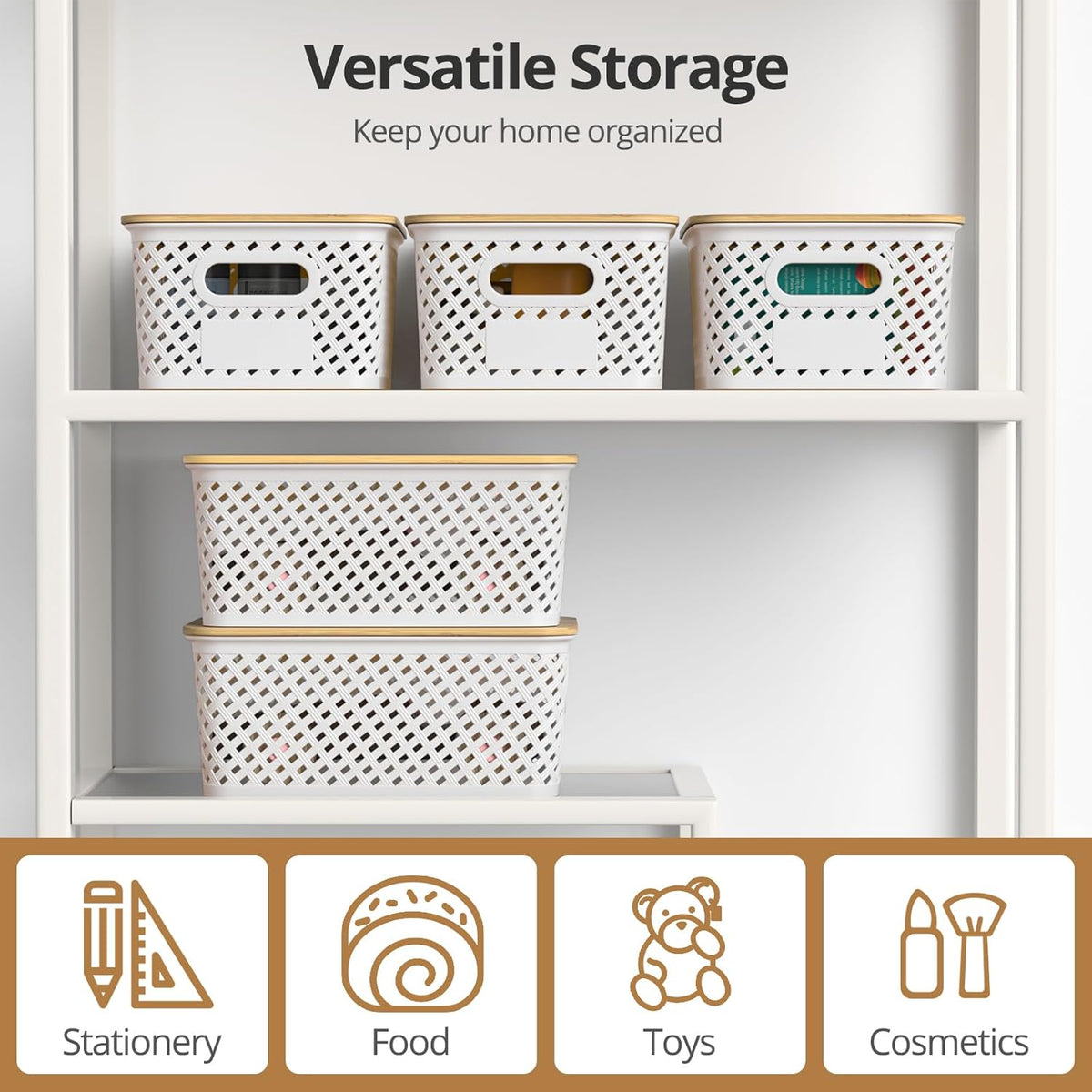 Plastic Storage Bins with Bamboo Lids, Stackable Small Box Baskets for Organizing and Containers for Shelves Drawers Desktop Closet Pantry Classroom Office Home, 6 Pack 10.2x7.2x4.1 Inch, Black