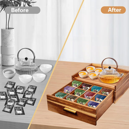 NANXITU Acacia Wood Tea Holder Organizer,Tea Box Organizer Storage Box,Tea Caddy for Tea Bags Organizer Drawer,with12 Compartments Multi-Functional Tea Station Chest for Countertop