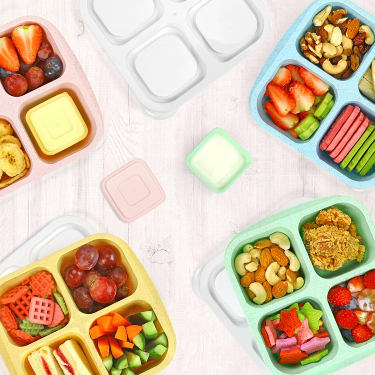 Caperci Lunchable Snack Containers - 4 Pack Bento Snack Boxes with 4-Compartment, 2 Leakproof Dip Cups, Reusable Divided Food Containers for School, Work, Travel (Jewel Brights)