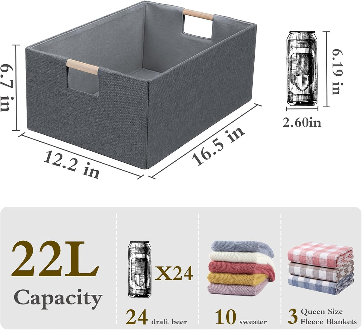 Foldable Fabric Storage Cubes, Cloth Storage Baskets with Wooden Handles, Collapsible Shelf Closet Organizer Bins, Rectangular Storage Boxes for Decor (Beige)