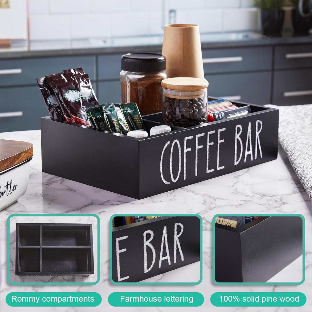 ALELION Coffee Station Organizer - Wood Countertop Accessories Organizer with Removable Dividers for Pods Condiment Syrup Tea Cups Stirrers - for Farmhouse Coffee Bar Decor