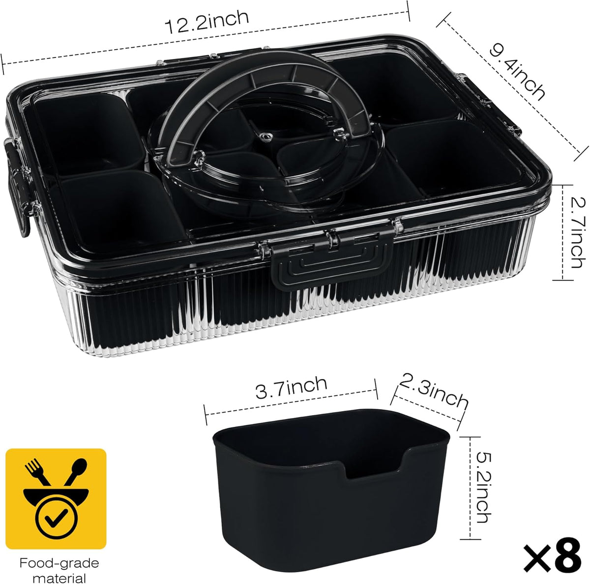 Patent Design Ribbed Snackle Box Container Snack Container Divided Serving Tray with Lid and Handle, 8 Divider Portable Snacklebox for Travel Beach for Charcuterie Veggie Fruit Candy,1 Pack