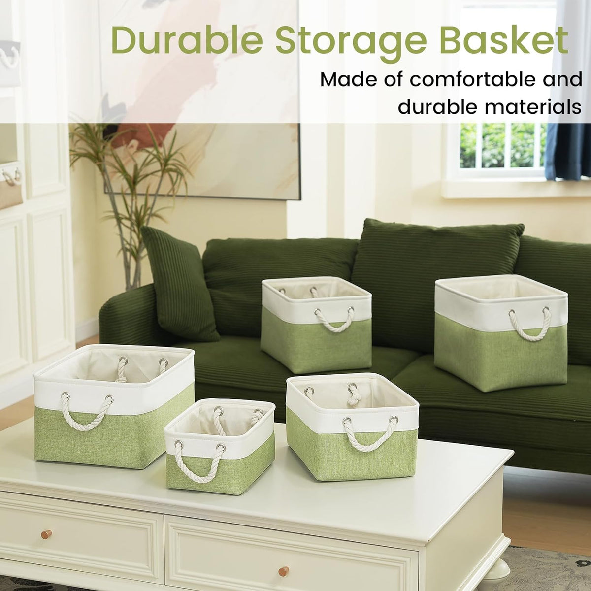 Large Storage Baskets- 15.7x11.8x8.26 inch Storage Bins for Shelves and Closet Organizing, Foldable Fabric Bin for Home Organization Clothes and Laundry (3-Pack, White&Khaki)