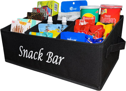 Snack Bar Organizer for Countertop,Black Fabric Snack Basket with Handles,6 Compartment Open Top Snack Bin for Kitchen Counter,Pantry,Snacks & Party Treats