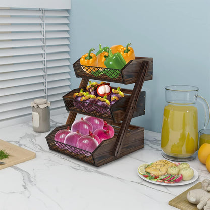 Dorhors Fruit Basket for Kitchen,Fruit Bowl,Kitchen Counter Organizer,Wooden Vegetable Holder for Countertop,Bread Storage Basket Stand(3 Tier)