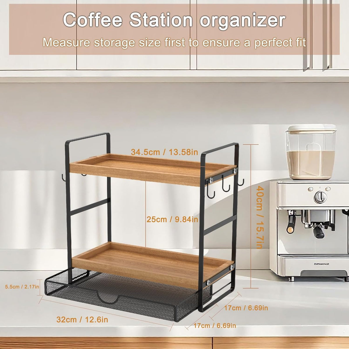 LEMIKKLE 2-Tier Coffee Bar Organizer With Basket,Wooden Counter Shelf for Coffee Bar Accessories,Kitchen Spice Rack Organizer for Countertop-Brown