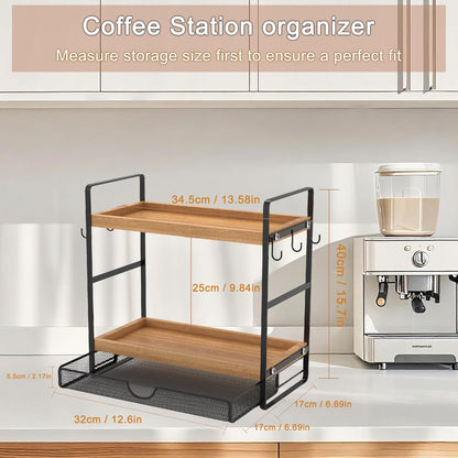 LEMIKKLE 2-Tier Coffee Bar Organizer With Basket,Wooden Counter Shelf for Coffee Bar Accessories,Kitchen Spice Rack Organizer for Countertop-Brown