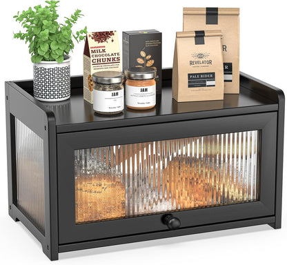 BAMBANG Bamboo Bread Box for Kitchen Countertop, Extra Large Farmhouse Bread Box with 4-Side Clear Panels, Wooden Bread Storage Container for Homemade Bread, Natural