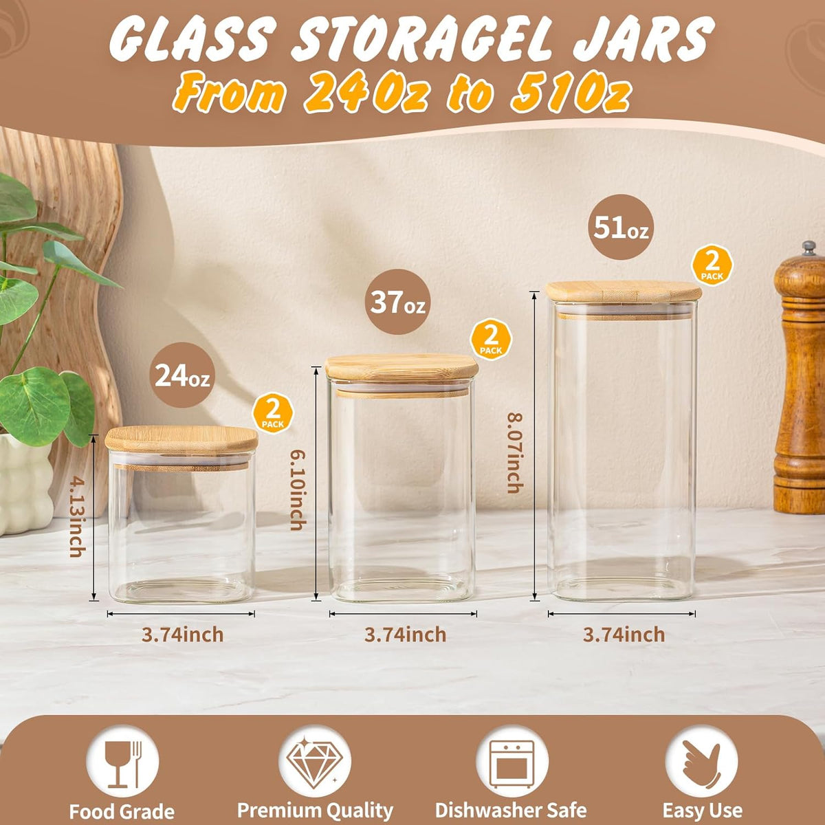 SENTVEND 37 Oz Glass Storage Jars with Bamboo Lids - 6 Pack Clear Glass Canisters Square Airtight Stackable Ideal for Pantry Storage Containers Organizers Great for Storing Oats Coffee Beans Nuts etc