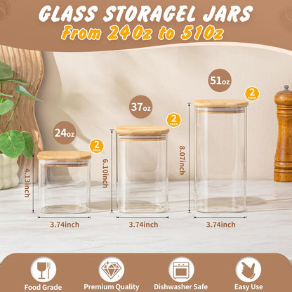 SENTVEND 37 Oz Glass Storage Jars with Bamboo Lids - 6 Pack Clear Glass Canisters Square Airtight Stackable Ideal for Pantry Storage Containers Organizers Great for Storing Oats Coffee Beans Nuts etc