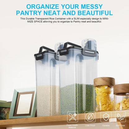 Uppetly Rice Airtight Dry Food Storage Containers, BPA Free Plastic Storage Bin Dispenser with Pourable Spout, Measuring cup for Cereal, Flour and Baking Supplies, Include a Stainless Steel Whisk