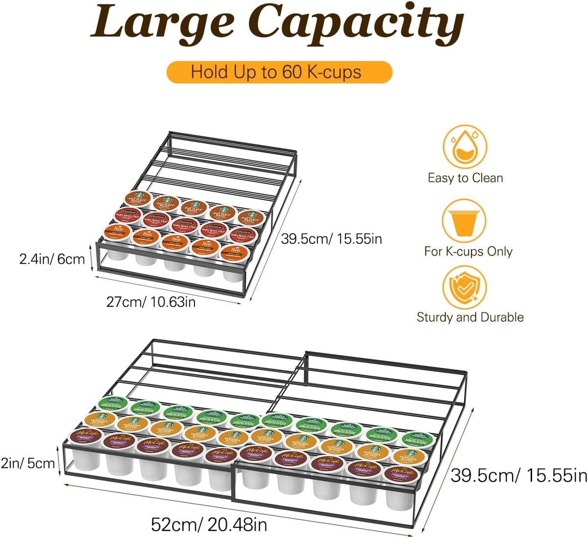 Coffee Pod Holder Drawer, Expandable K Cup Holder Compatible with Keurig K-Cup, K Cup Drawer Organizer Hold 30-60 Coffee Pod Storage for Coffee Station Office and Kitchen, Black