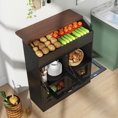 Patiorama Wood Potato and Onion Storage Bin Box with Lid, 4-Tier Farmhouse Wooden Bread Box Cabinet with 2 Mesh Doors & Rolling Drawer, Large Vegetable Storage Bin Organizer for Kitchen Pantry White