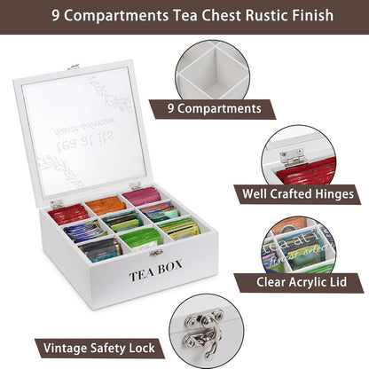 Tea Box Organizer,Wood Tea Bag Holder Organizer,Modern Teas Bag Storage with 9 Compartments and Glass Cover for Home Office Gift