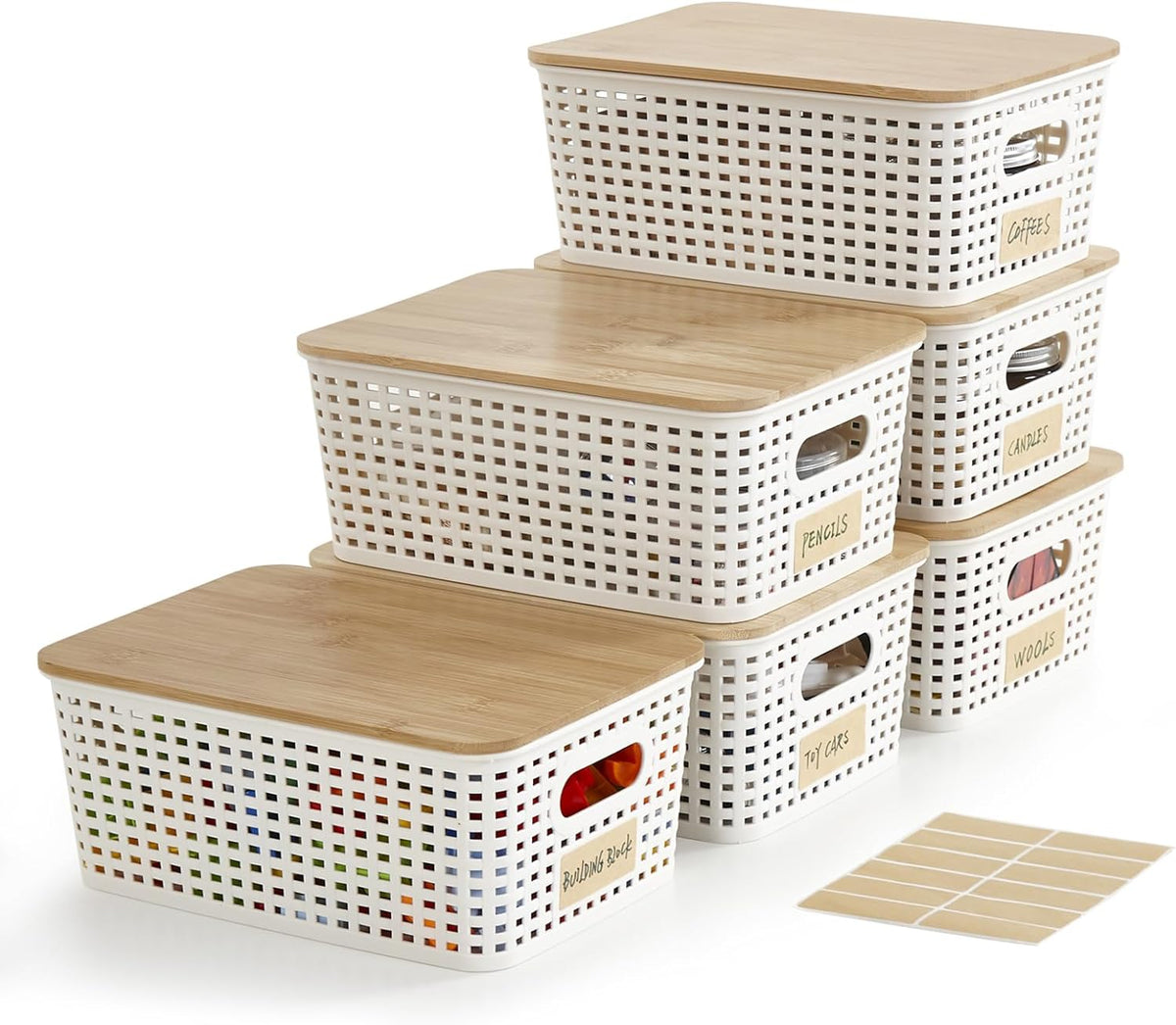 Bagnizer Small Plastic Storage Bins with Bamboo Lids 5.2qt Stackable Box Basket Pantry Decorative Containers Cute with Labels for Organizing Desktop Closet Office Cream White of 10*7.2*4.1"