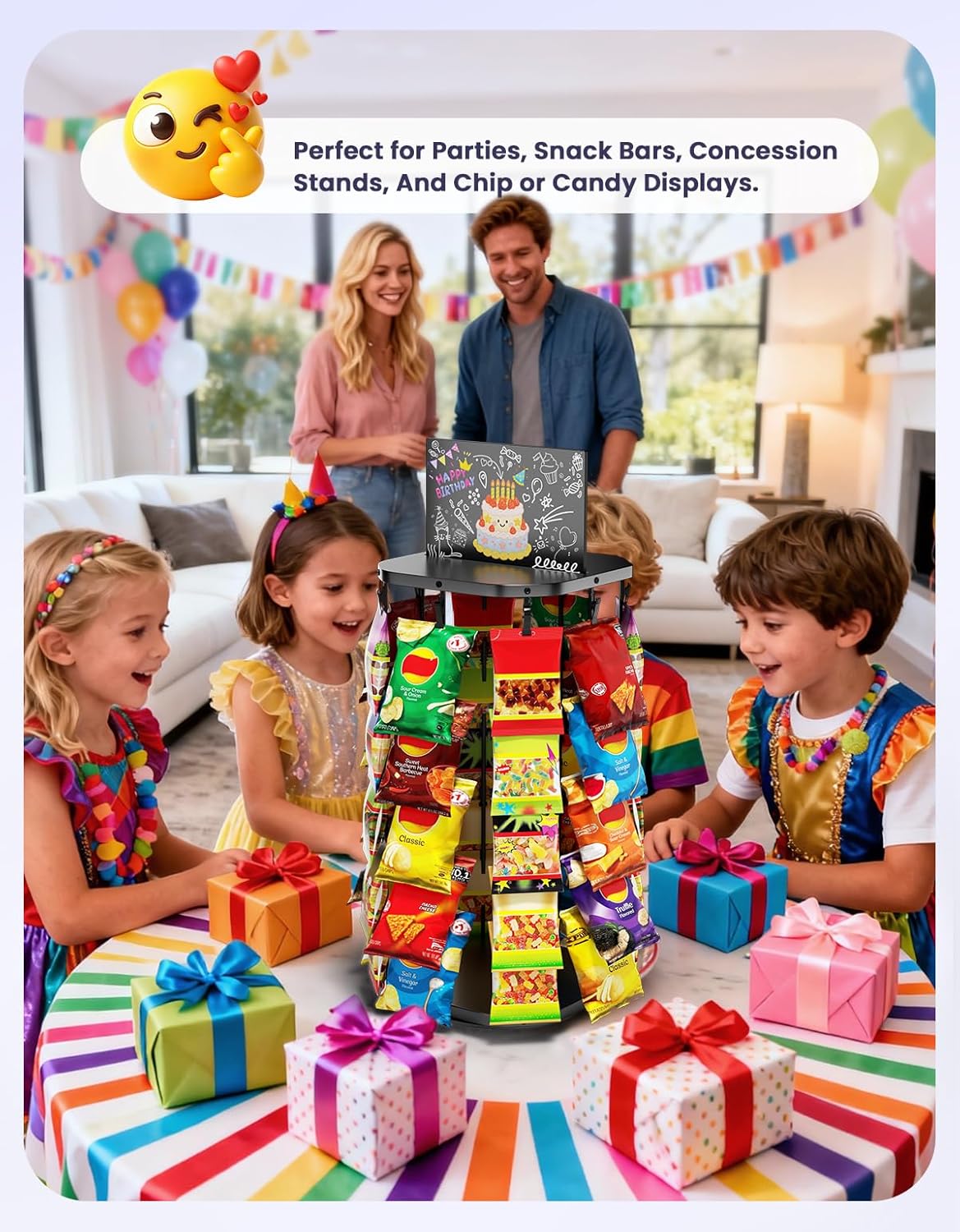 Chip Rack Display Stand with Heavy-Duty 360° Smooth-Rotating Metal Base, 5 Tiers 40 Clips Chip Bag Holder Display, Candy Stand, Snack Organizer for Countertop, Party, Store Concession Stand