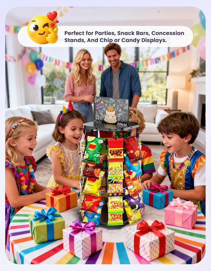 Chip Rack Display Stand with Heavy-Duty 360° Smooth-Rotating Metal Base, 5 Tiers 40 Clips Chip Bag Holder Display, Candy Stand, Snack Organizer for Countertop, Party, Store Concession Stand