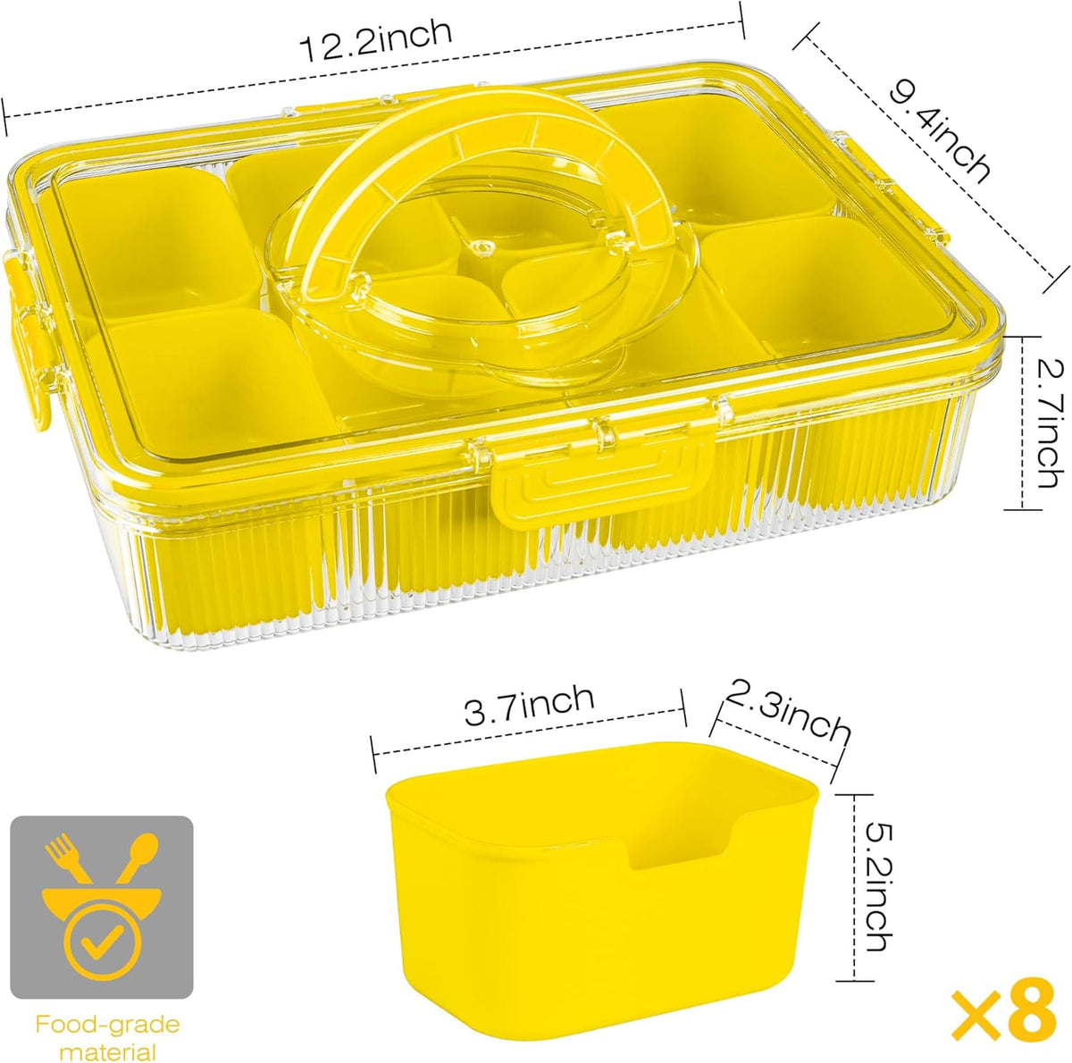Patent Design Ribbed Snackle Box Container Snack Container Divided Serving Tray with Lid and Handle, 8 Divider Portable Snacklebox for Travel Beach for Charcuterie Veggie Fruit Candy,1 Pack
