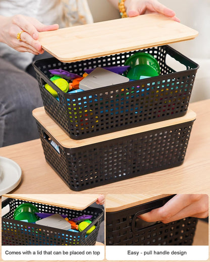 Small Storage Bins with Lids 6 Packs, Plastic Storage Basket with Bamboo Lid for Pantry Organization and Storage Containers for Shelves Drawers Desktop Closet Playroom Office Home, White