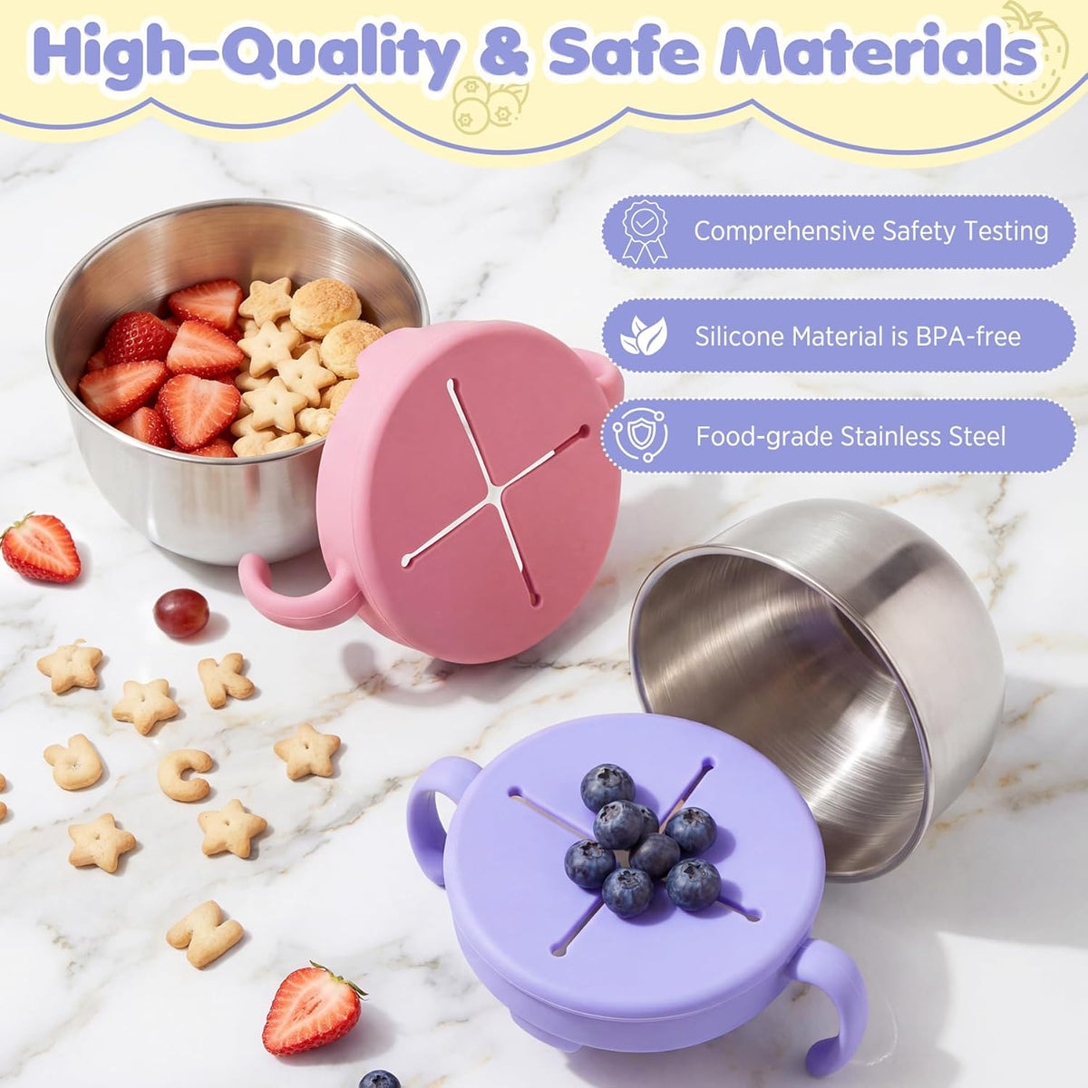 Snack Cups, 2 Pack Stainless Steel Toddler Snack Containers, Spill-Proof Snack Bowls, Silicone Removable Lids & Handles, Food Storage Containers, Dishwasher Safe Snack Container, Baby Shower Gifts
