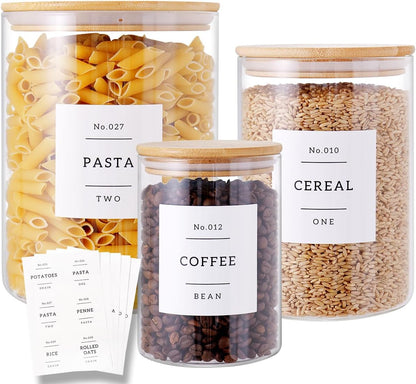 Borosilicate Glass Storage Jars with Bamboo Lids + 132 Pre-Printed Pantry Labels Included, BPA-Free Thicken Airtight Containers for Flour, Sugar, Rice, Microwave & Freezer Safe(100OZ/54OZ/27OZ)