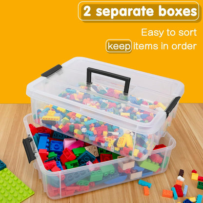 TERGOO 2 Layer Plastic Storage Containers with Lids, Multipurpose Clear Stack & Carry Box, Portable Craft Organizers and Storage Bin for Organizing Art & Craft, Sewing, Makeup, Nail Supplies (Blue)