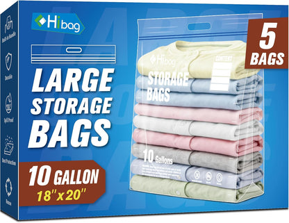 10 Gallon Zipper Storage Bags, 18” x 20” Clear Plastic Bags with Handle, Extra Large XL Zip Bags for Clothes, Pack of 5