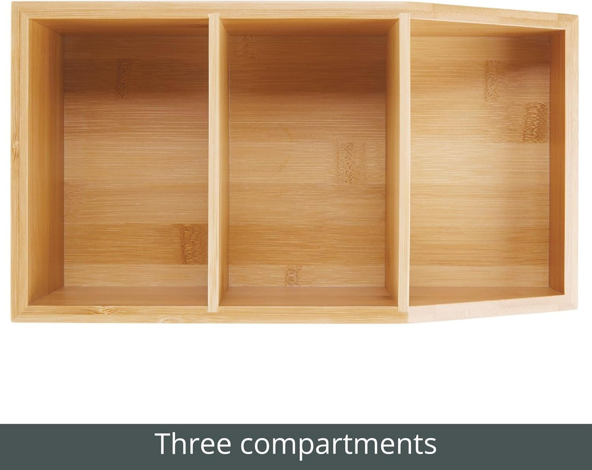 mDesign Bamboo Wood Food Storage Bin with Divided 3 Compartments and Sloped Front for Kitchen Cabinet, Pantry, Shelf to Organize Seasoning Packets, Powder Mixes, Spices, Snacks - Natural