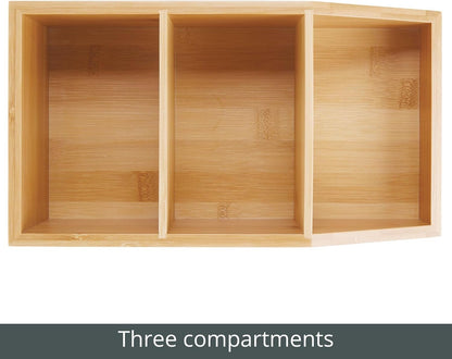 mDesign Bamboo Wood Food Storage Bin with Divided 3 Compartments and Sloped Front for Kitchen Cabinet, Pantry, Shelf to Organize Seasoning Packets, Powder Mixes, Spices, Snacks - Natural