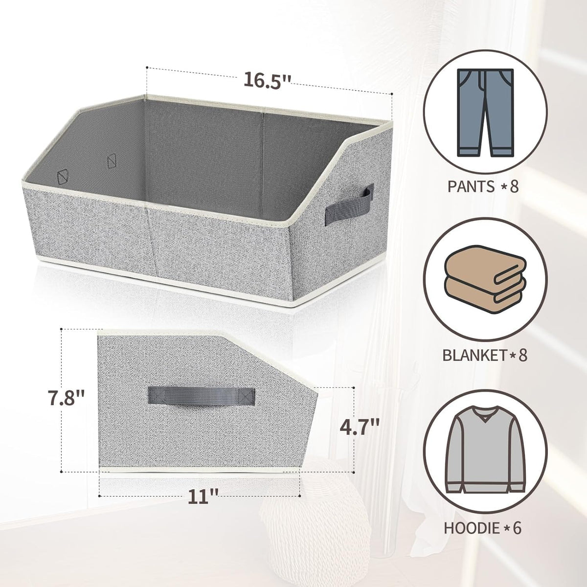 Homsorout Closet Organizers Bins 6 Packs - Large Closet Shelf Organizer with Handles, Fabric Trapezoid Storage Bins, Collapsible Storage Cubes for Clothes, Towels, Light Gray