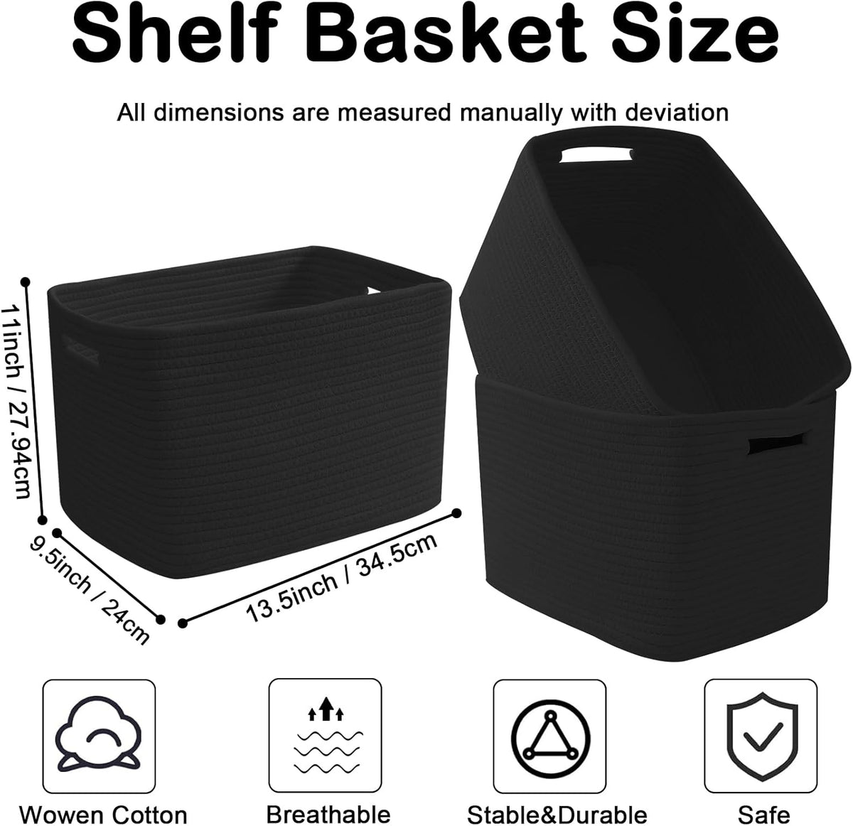 3 Pack Woven Rope Storage Baskets for Shelves,13.5"×11"×9.5" Storage Bins with Handles,Empty Gift Baskets,Nursery Organizer for Toys,Towels,Books,Closet,Living Room,Bedroom (White & Brown)