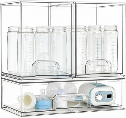 Baby Bottle Organizer, Large Capacity Stackable Acrylic Storage with Non-Slip Pads, for Baby Bottles, Pump Parts, Kitchen Countertop, Pantry, Vanity