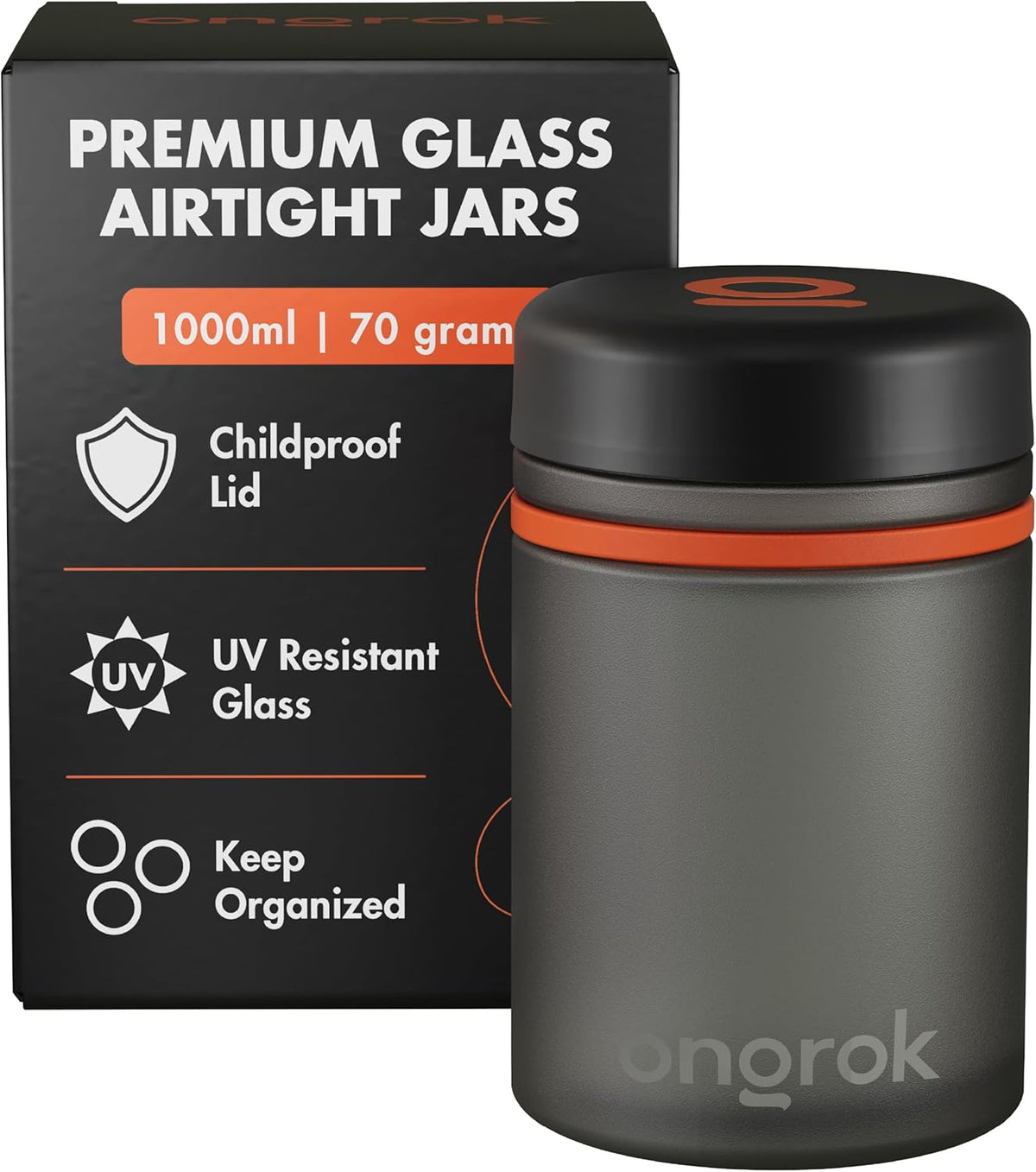 ONGROK Glass Storage Jar, 180ml | UV Herb/Spice Jar with Child‑Resistant Lid, Color‑Coded Glass Containers to Preserve Smell and Aroma