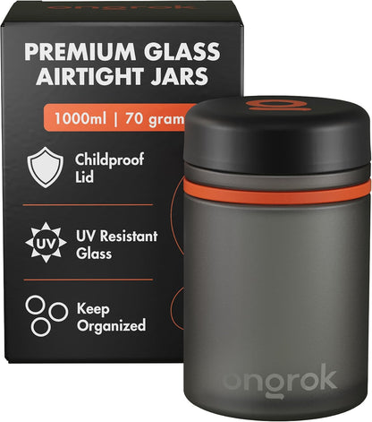 ONGROK Glass Storage Jar, 180ml | UV Herb/Spice Jar with Child‑Resistant Lid, Color‑Coded Glass Containers to Preserve Smell and Aroma