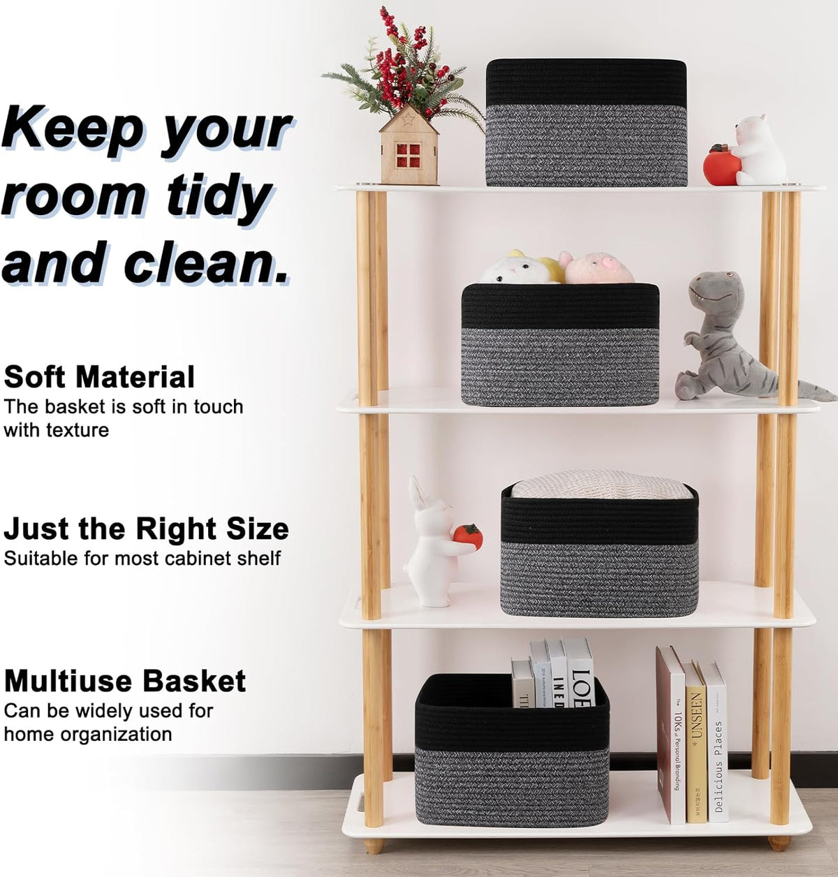 4 Pack Storage Baskets for Organizing, Woven Baskets for Shelves - Perfect for Toys, Books, Towels, and Clothes, Durable Gift Basket Bins Toy Storage, 12.7''Lx9''Wx7.8''H, Brown & White
