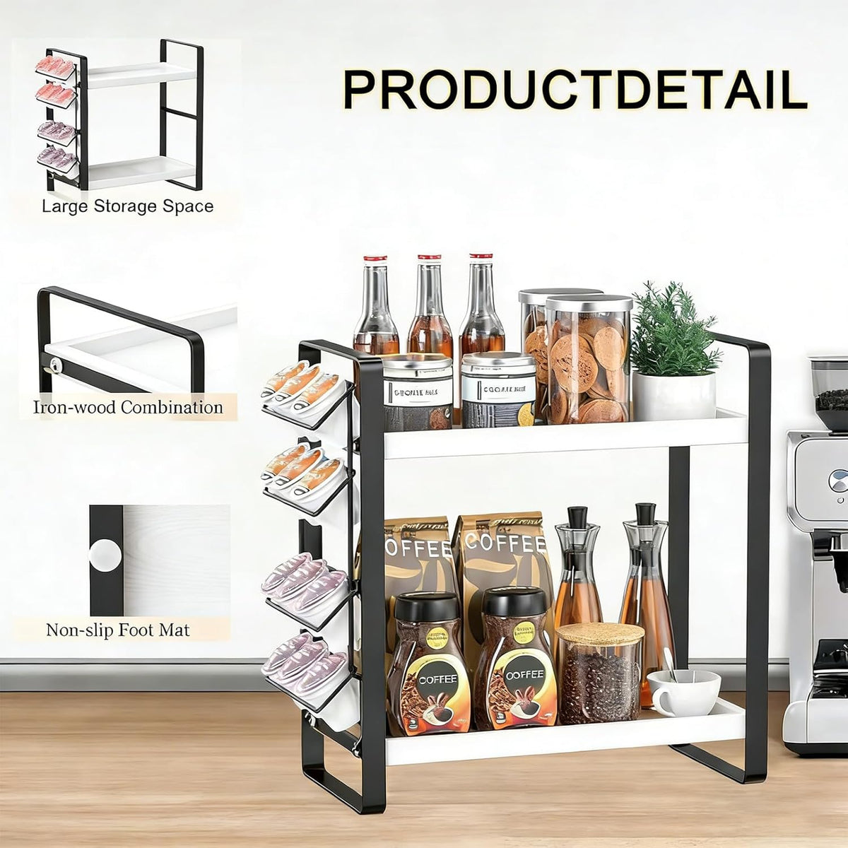 LEMIKKLE 2-Tier Coffee Bar Organizer With Basket,Wooden Counter Shelf for Coffee Bar Accessories,Kitchen Spice Rack Organizer for Countertop-Brown