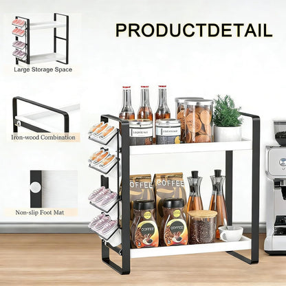 LEMIKKLE 2-Tier Coffee Bar Organizer With Basket,Wooden Counter Shelf for Coffee Bar Accessories,Kitchen Spice Rack Organizer for Countertop-Brown