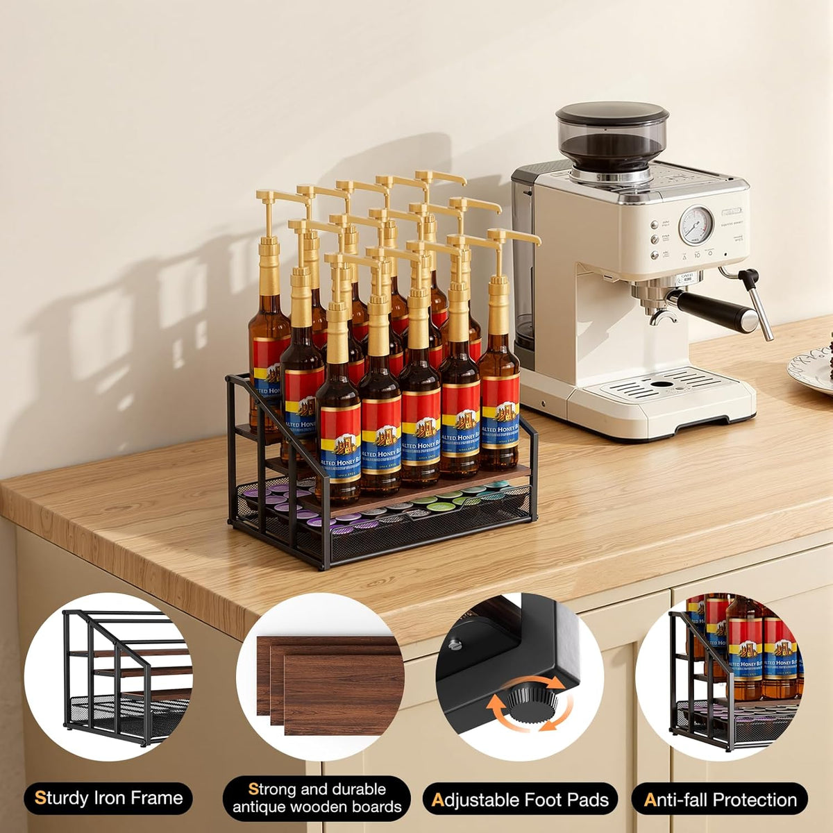 kimilus Coffee Syrup Rack Organizer, 4-Tier 12 Bottle Syrup Rack with 35 K Cup Drawer for Coffee Bar, Countertop Bottle Holder Stand for Dressing for Kitchen Cafe Station