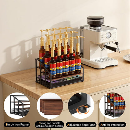 kimilus Coffee Syrup Rack Organizer, 4-Tier 12 Bottle Syrup Rack with 35 K Cup Drawer for Coffee Bar, Countertop Bottle Holder Stand for Dressing for Kitchen Cafe Station