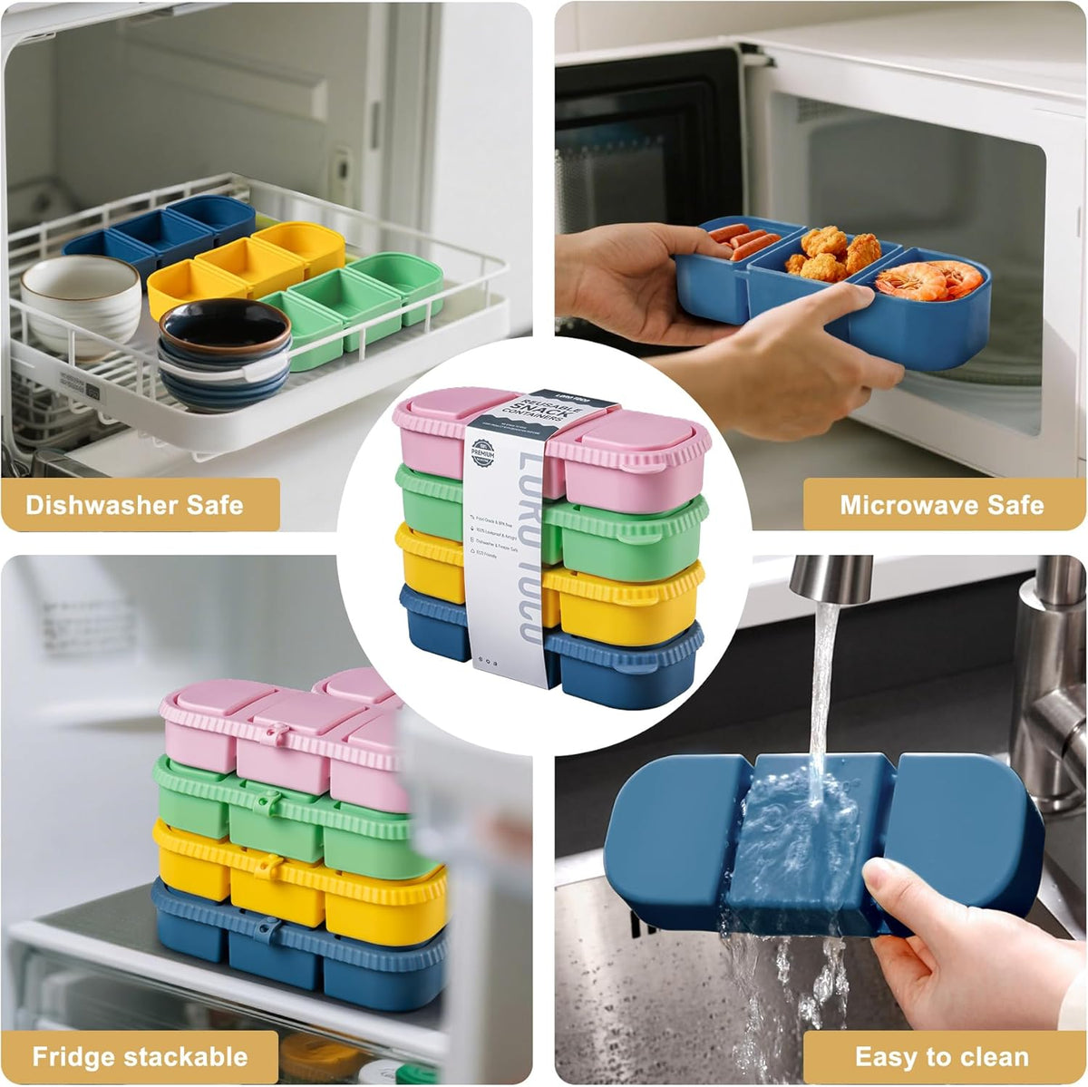 Silicone Reusable Snack Containers with Lids - 8 oz Double Compartment Snackle Box for Kids & Adults, BPA-Free & Leakproof, Small for Dressing, Snacks, School, Office, Picnic