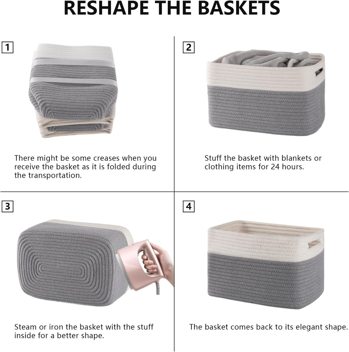 4 Pack Storage Baskets for Organizing, Woven Baskets for Shelves - Perfect for Toys, Books, Towels, and Clothes, Durable Gift Basket Bins Toy Storage, 12.7''Lx9''Wx7.8''H, Brown & White