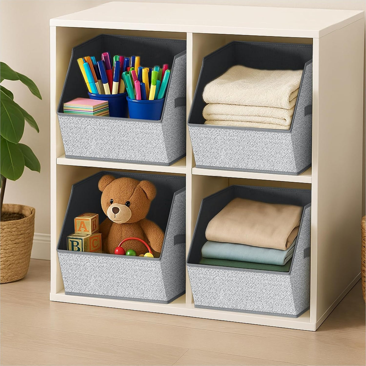 Homsorout Fabric Closet Storage Cubes - Square Storage Bins with Dual Handles for Clothes, Towels, Toys, Cube Storage Organizers for Bedroom, Nursery, Shelves, Closet, Small Spaces, Beige